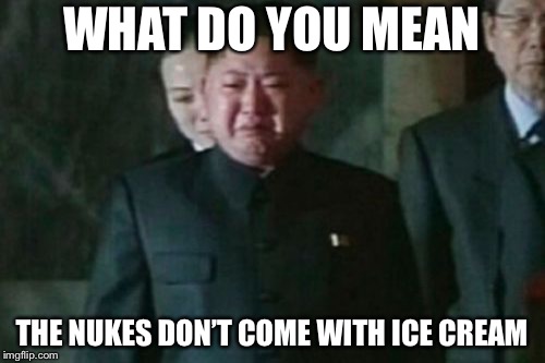 Kim Jong Un Sad Meme | WHAT DO YOU MEAN; THE NUKES DON’T COME WITH ICE CREAM | image tagged in memes,kim jong un sad | made w/ Imgflip meme maker