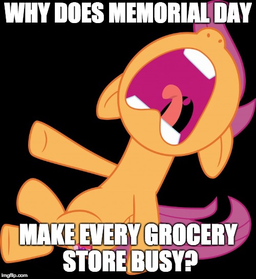 I've got a busy week with work this week! | WHY DOES MEMORIAL DAY; MAKE EVERY GROCERY STORE BUSY? | image tagged in frightened scootaloo,memes,memorial day,grocery store | made w/ Imgflip meme maker