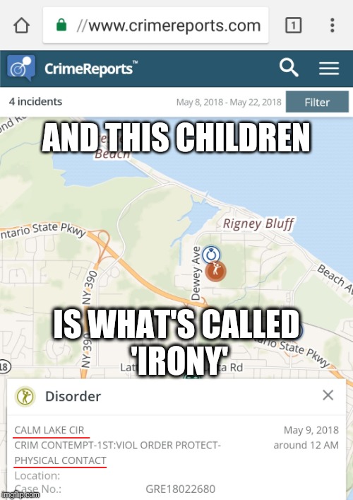 The Irony of Calm Lake | AND THIS CHILDREN; IS WHAT'S CALLED 'IRONY' | image tagged in irony,funny,crime,ironic,funny names | made w/ Imgflip meme maker