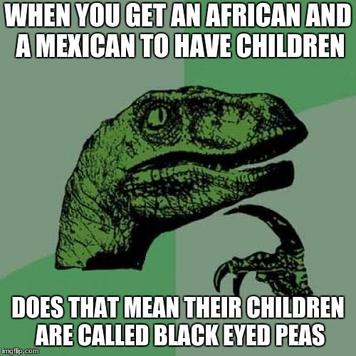 Philosoraptor Meme | WHEN YOU GET AN AFRICAN AND A MEXICAN TO HAVE CHILDREN; DOES THAT MEAN THEIR CHILDREN ARE CALLED BLACK EYED PEAS | image tagged in memes,philosoraptor | made w/ Imgflip meme maker