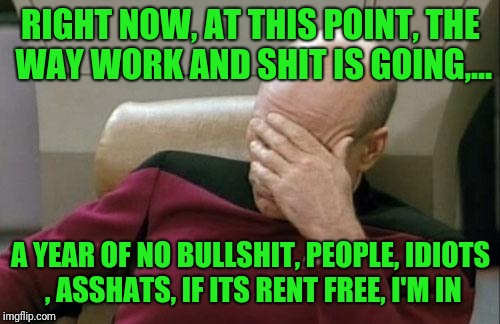 Captain Picard Facepalm Meme | RIGHT NOW, AT THIS POINT, THE WAY WORK AND SHIT IS GOING,... A YEAR OF NO BULLSHIT, PEOPLE, IDIOTS , ASSHATS, IF ITS RENT FREE, I'M IN | image tagged in memes,captain picard facepalm | made w/ Imgflip meme maker