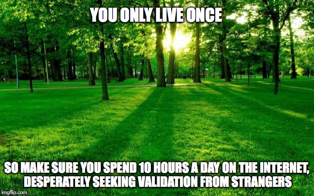 Landscape | YOU ONLY LIVE ONCE; SO MAKE SURE YOU SPEND 10 HOURS A DAY ON THE INTERNET, DESPERATELY SEEKING VALIDATION FROM STRANGERS | image tagged in landscape,live,internet | made w/ Imgflip meme maker