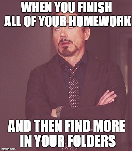 Face You Make Robert Downey Jr Meme | WHEN YOU FINISH ALL OF YOUR HOMEWORK; AND THEN FIND MORE IN YOUR FOLDERS | image tagged in memes,face you make robert downey jr | made w/ Imgflip meme maker