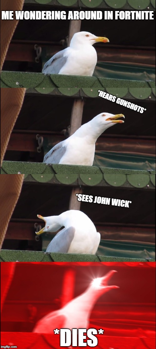 Inhaling Seagull Meme | ME WONDERING AROUND IN FORTNITE; *HEARS GUNSHOTS*; *SEES JOHN WICK*; *DIES* | image tagged in memes,inhaling seagull | made w/ Imgflip meme maker