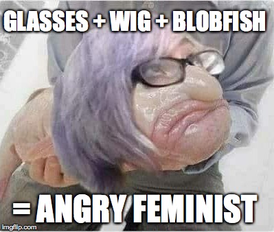 oh god! its even more hideous!! | GLASSES + WIG + BLOBFISH; = ANGRY FEMINIST | image tagged in angry feminist,blobfish,glasses | made w/ Imgflip meme maker