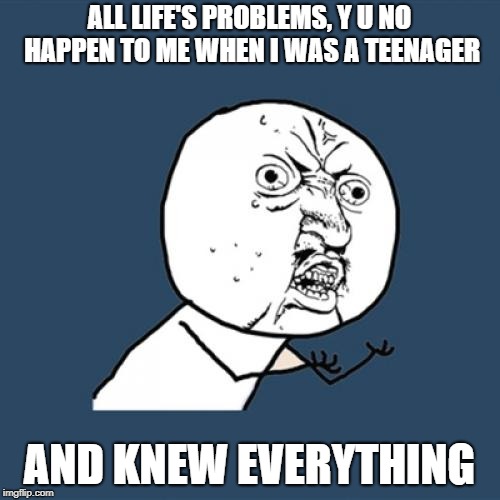 Y U No Meme | ALL LIFE'S PROBLEMS, Y U NO HAPPEN TO ME WHEN I WAS A TEENAGER; AND KNEW EVERYTHING | image tagged in memes,y u no | made w/ Imgflip meme maker