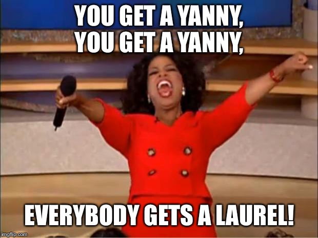 Oprah You Get A | YOU GET A YANNY, YOU GET A YANNY, EVERYBODY GETS A LAUREL! | image tagged in memes,oprah you get a | made w/ Imgflip meme maker