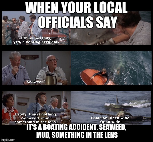 Jaws Elected Officials | WHEN YOUR LOCAL OFFICIALS SAY; IT'S A BOATING ACCIDENT, SEAWEED, MUD, SOMETHING IN THE LENS | image tagged in jaws,government,government corruption | made w/ Imgflip meme maker