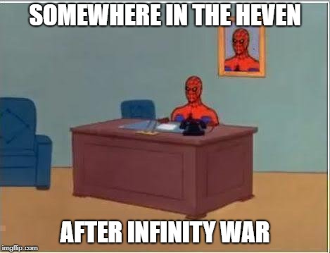 Spiderman Computer Desk | SOMEWHERE IN THE HEVEN; AFTER INFINITY WAR | image tagged in memes,spiderman computer desk,spiderman | made w/ Imgflip meme maker
