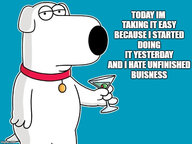 today im taking it easy | TODAY IM TAKING IT EASY BECAUSE I STARTED DOING IT YESTERDAY AND I HATE UNFINISHED BUISNESS | image tagged in dog,funny,joke,silly | made w/ Imgflip meme maker