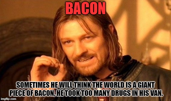 BACON SOMETIMES HE WILL THINK THE WORLD IS A GIANT PIECE OF BACON, HE TOOK TOO MANY DRUGS IN HIS VAN. | image tagged in memes,one does not simply | made w/ Imgflip meme maker