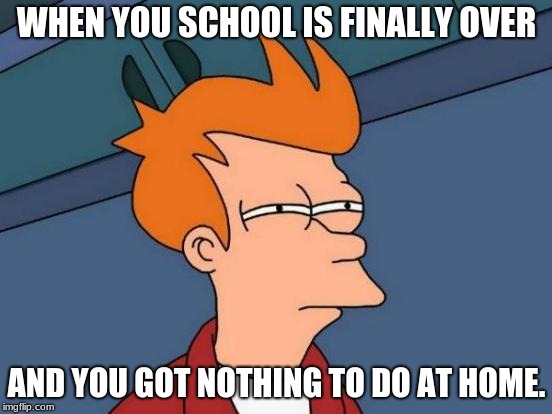 Futurama Fry Meme | WHEN YOU SCHOOL IS FINALLY OVER; AND YOU GOT NOTHING TO DO AT HOME. | image tagged in memes,futurama fry | made w/ Imgflip meme maker