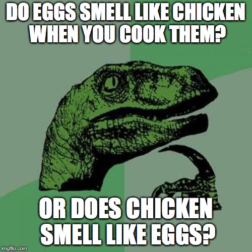 Philosoraptor | DO EGGS SMELL LIKE CHICKEN WHEN YOU COOK THEM? OR DOES CHICKEN SMELL LIKE EGGS? | image tagged in memes,philosoraptor | made w/ Imgflip meme maker