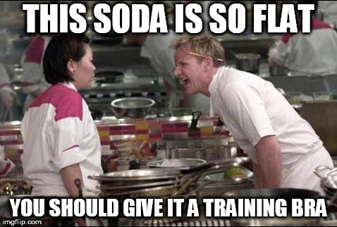 Angry Chef Gordon Ramsay Meme | THIS SODA IS SO FLAT; YOU SHOULD GIVE IT A TRAINING BRA | image tagged in memes,angry chef gordon ramsay | made w/ Imgflip meme maker