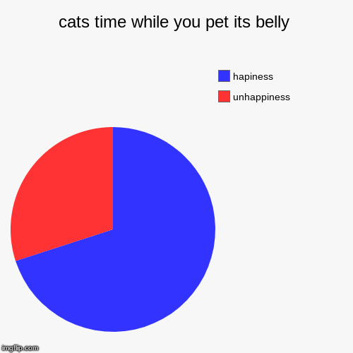 cat pet graph. | cats time while you pet its belly | unhappiness, hapiness | image tagged in funny,pie charts | made w/ Imgflip chart maker
