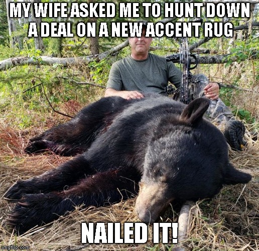 Bargain Hunting | MY WIFE ASKED ME TO HUNT DOWN A DEAL ON A NEW ACCENT RUG; NAILED IT! | image tagged in dead bear,memes | made w/ Imgflip meme maker