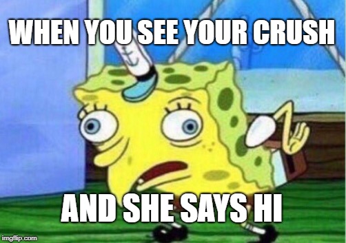 Mocking Spongebob Meme | WHEN YOU SEE YOUR CRUSH; AND SHE SAYS HI | image tagged in memes,mocking spongebob | made w/ Imgflip meme maker