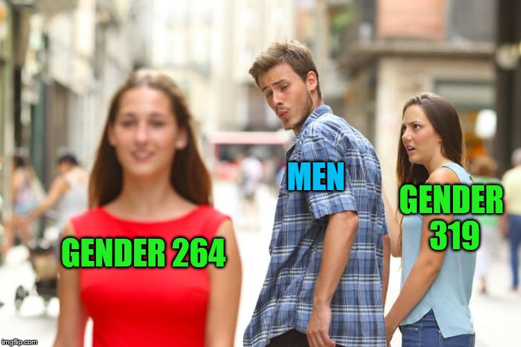 Distracted Boyfriend Meme | GENDER 264 MEN GENDER 319 | image tagged in memes,distracted boyfriend | made w/ Imgflip meme maker