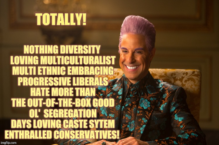 Hunger Games/Caesar Flickerman (Stanley Tucci) "heh heh heh" | TOTALLY! NOTHING DIVERSITY LOVING MULTICULTURALIST MULTI ETHNIC EMBRACING PROGRESSIVE LIBERALS HATE MORE THAN THE OUT-OF-THE-BOX GOOD OL'  S | image tagged in hunger games/caesar flickerman stanley tucci heh heh heh | made w/ Imgflip meme maker