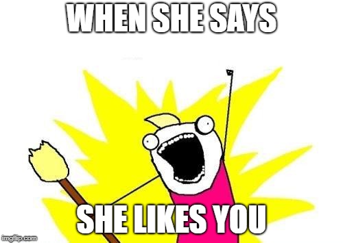 X All The Y Meme | WHEN SHE SAYS; SHE LIKES YOU | image tagged in memes,x all the y | made w/ Imgflip meme maker