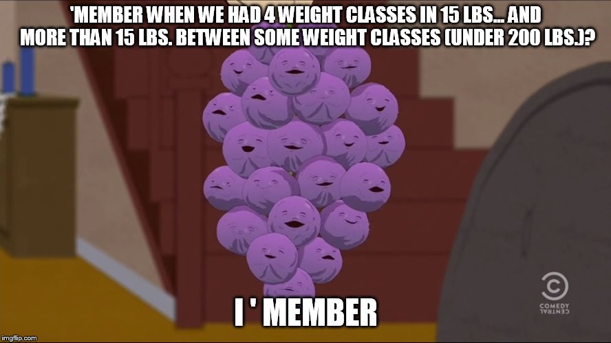 Member Berries | 'MEMBER WHEN WE HAD 4 WEIGHT CLASSES IN 15 LBS... AND MORE THAN 15 LBS. BETWEEN SOME WEIGHT CLASSES (UNDER 200 LBS.)? I ' MEMBER | image tagged in memes,member berries | made w/ Imgflip meme maker