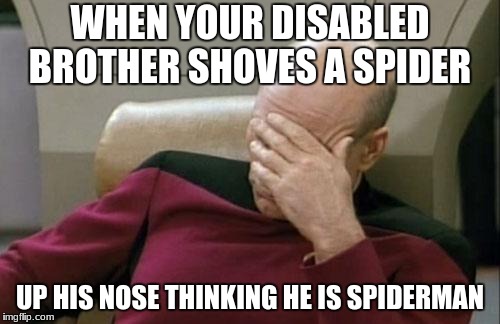 Captain Picard Facepalm | WHEN YOUR DISABLED BROTHER SHOVES A SPIDER; UP HIS NOSE THINKING HE IS SPIDERMAN | image tagged in memes,captain picard facepalm | made w/ Imgflip meme maker