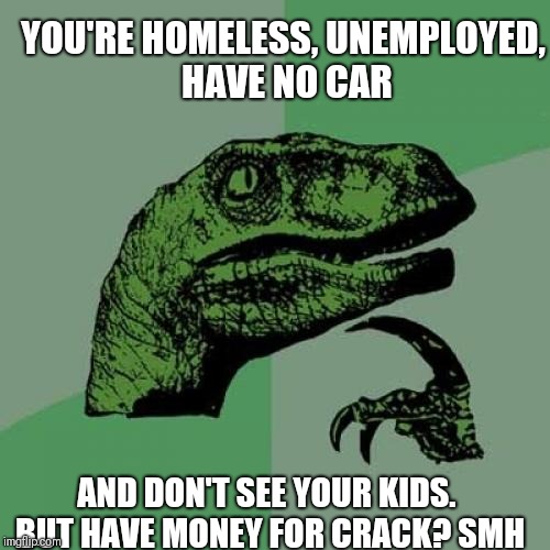 Philosoraptor Meme | YOU'RE HOMELESS, UNEMPLOYED, HAVE NO CAR; AND DON'T SEE YOUR KIDS. BUT HAVE MONEY FOR CRACK? SMH | image tagged in memes,philosoraptor | made w/ Imgflip meme maker
