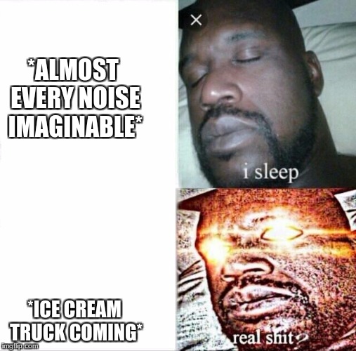 Sleeping Shaq Meme | *ALMOST EVERY NOISE IMAGINABLE*; *ICE CREAM TRUCK COMING* | image tagged in memes,sleeping shaq | made w/ Imgflip meme maker