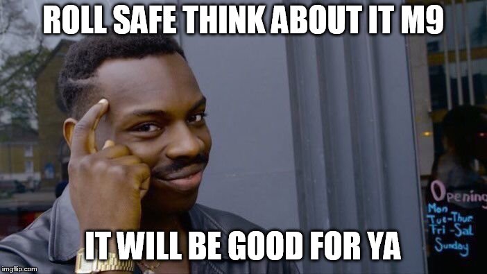 Roll Safe Think About It Meme | ROLL SAFE THINK ABOUT IT M9 IT WILL BE GOOD FOR YA | image tagged in memes,roll safe think about it | made w/ Imgflip meme maker