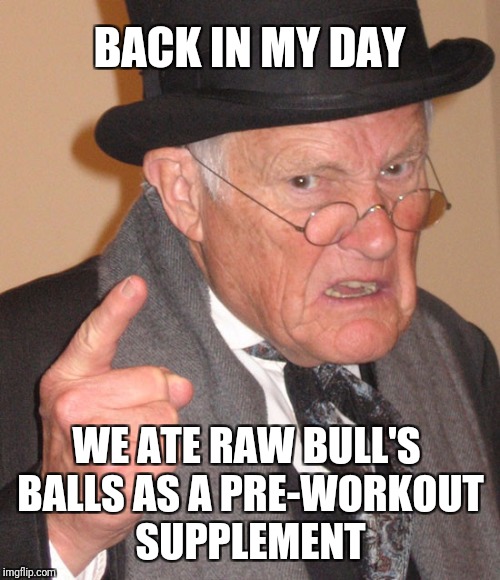 Back In My Day | BACK IN MY DAY; WE ATE RAW BULL'S BALLS AS A PRE-WORKOUT SUPPLEMENT | image tagged in back in my day | made w/ Imgflip meme maker