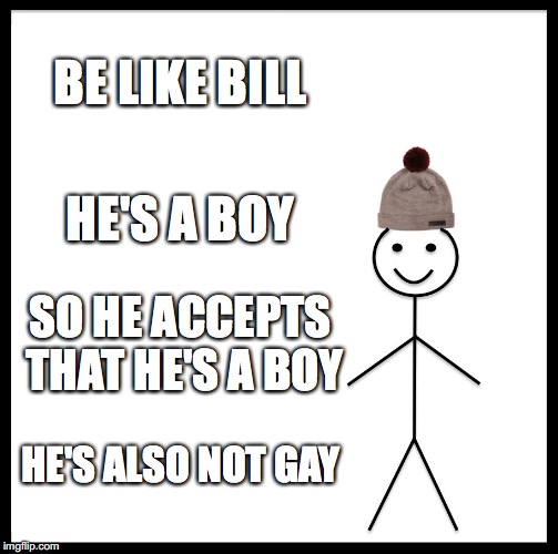 Be Like Bill | BE LIKE BILL; HE'S A BOY; SO HE ACCEPTS THAT HE'S A BOY; HE'S ALSO NOT GAY | image tagged in memes,be like bill | made w/ Imgflip meme maker