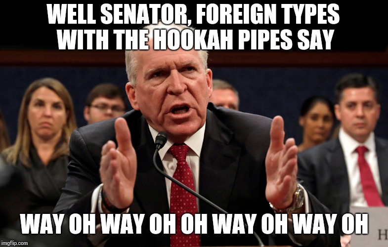 Brennan lying | WELL SENATOR, FOREIGN TYPES WITH THE HOOKAH PIPES SAY; WAY OH WAY OH OH WAY OH WAY OH | image tagged in brennan lying | made w/ Imgflip meme maker