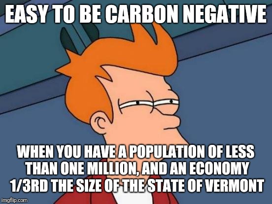 Futurama Fry Meme | EASY TO BE CARBON NEGATIVE WHEN YOU HAVE A POPULATION OF LESS THAN ONE MILLION, AND AN ECONOMY 1/3RD THE SIZE OF THE STATE OF VERMONT | image tagged in memes,futurama fry | made w/ Imgflip meme maker