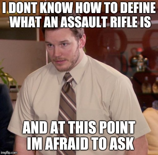 assault rifle andy | I DONT KNOW HOW TO DEFINE WHAT AN ASSAULT RIFLE IS; AND AT THIS POINT IM AFRAID TO ASK | image tagged in memes,afraid to ask andy | made w/ Imgflip meme maker