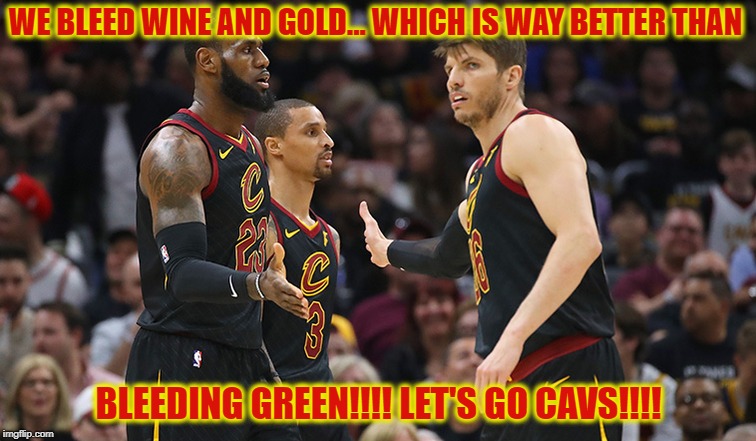 WE BLEED WINE AND GOLD... WHICH IS WAY BETTER THAN; BLEEDING GREEN!!!! LET'S GO CAVS!!!! | image tagged in cleveland cavaliers | made w/ Imgflip meme maker