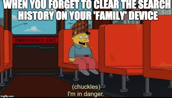 Yes you are | WHEN YOU FORGET TO CLEAR THE SEARCH HISTORY ON YOUR 'FAMILY' DEVICE | image tagged in im in danger,scumbag | made w/ Imgflip meme maker