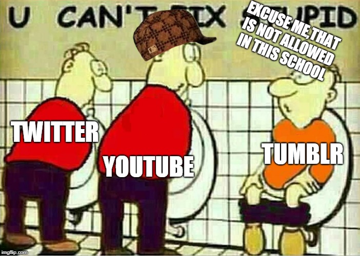 U Can't Fix Stupid | EXCUSE ME,THAT IS NOT ALLOWED IN THIS SCHOOL; YOUTUBE; TWITTER; TUMBLR | image tagged in u can't fix stupid,scumbag | made w/ Imgflip meme maker