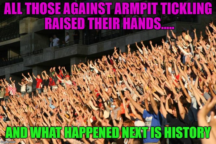 Gitchy, gitchy, goo ! | ALL THOSE AGAINST ARMPIT TICKLING RAISED THEIR HANDS..... AND WHAT HAPPENED NEXT IS HISTORY | image tagged in hands raised,memes,funny,tickle | made w/ Imgflip meme maker