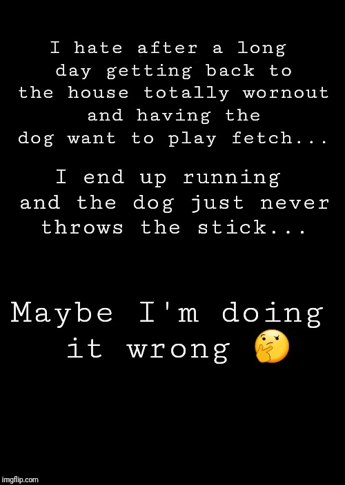 a black blank | I hate after a long day getting back to the house totally wornout and having the dog want to play fetch... I end up running and the dog just never throws the stick... Maybe I'm doing it wrong 🤔 | image tagged in a black blank | made w/ Imgflip meme maker