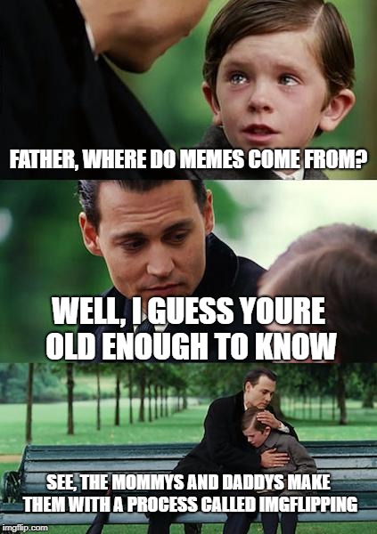 Finding Neverland Meme | FATHER, WHERE DO MEMES COME FROM? WELL, I GUESS YOURE OLD ENOUGH TO KNOW; SEE, THE MOMMYS AND DADDYS MAKE THEM WITH A PROCESS CALLED IMGFLIPPING | image tagged in memes,finding neverland | made w/ Imgflip meme maker