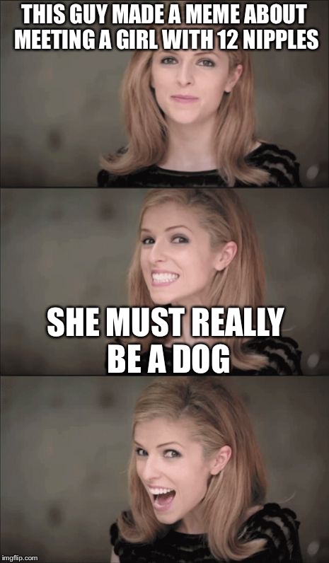 It Dozen Sound So Funny to Me | THIS GUY MADE A MEME ABOUT MEETING A GIRL WITH 12 NIPPLES; SHE MUST REALLY BE A DOG | image tagged in memes,bad pun anna kendrick,rpc1 | made w/ Imgflip meme maker