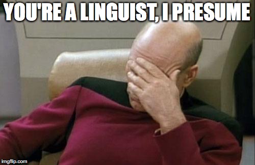 Captain Picard Facepalm Meme | YOU'RE A LINGUIST, I PRESUME | image tagged in memes,captain picard facepalm | made w/ Imgflip meme maker