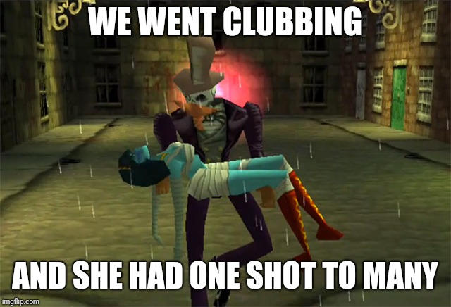Sir Daniel carrying his drunken girlfriend | WE WENT CLUBBING; AND SHE HAD ONE SHOT TO MANY | image tagged in medievil,skeleton,mummy,clubbing,drunk,playstation | made w/ Imgflip meme maker