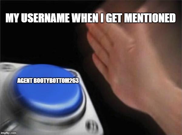 Blank Nut Button Meme | MY USERNAME WHEN I GET MENTIONED; AGENT BOOTYBOTTOM263 | image tagged in memes,blank nut button | made w/ Imgflip meme maker