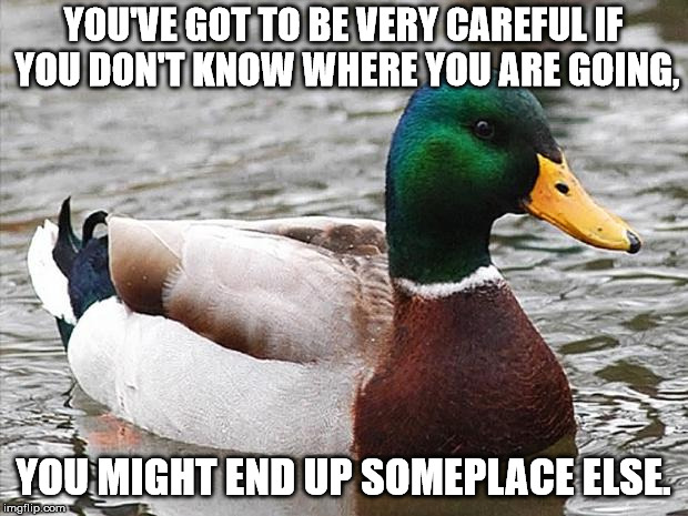 Good Advise Duck | YOU'VE GOT TO BE VERY CAREFUL IF YOU DON'T KNOW WHERE YOU ARE GOING, YOU MIGHT END UP SOMEPLACE ELSE. | image tagged in good advise duck | made w/ Imgflip meme maker