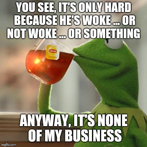 But That's None Of My Business Meme | YOU SEE, IT'S ONLY HARD BECAUSE HE'S WOKE ... OR NOT WOKE ... OR SOMETHING ANYWAY, IT'S NONE OF MY BUSINESS | image tagged in memes,but thats none of my business,kermit the frog | made w/ Imgflip meme maker