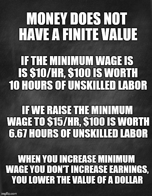 No matter how hard you try, you cannot increase the value of an hour of unskilled labor | MONEY DOES NOT HAVE A FINITE VALUE; IF THE MINIMUM WAGE IS IS $10/HR, $100 IS WORTH 10 HOURS OF UNSKILLED LABOR; IF WE RAISE THE MINIMUM WAGE TO $15/HR, $100 IS WORTH 6.67 HOURS OF UNSKILLED LABOR; WHEN YOU INCREASE MINIMUM WAGE YOU DON'T INCREASE EARNINGS, YOU LOWER THE VALUE OF A DOLLAR | image tagged in black blank,memes | made w/ Imgflip meme maker