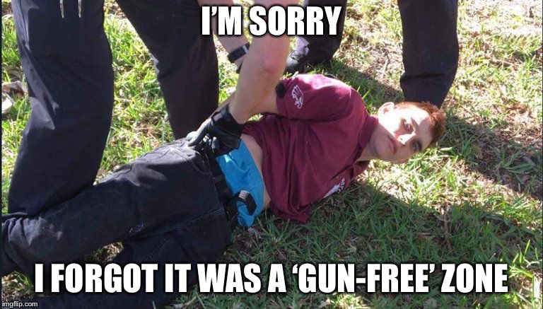 Gun control in a nutshell  | I’M SORRY; I FORGOT IT WAS A ‘GUN-FREE’ ZONE | image tagged in florida school shooter nikolas cruz | made w/ Imgflip meme maker
