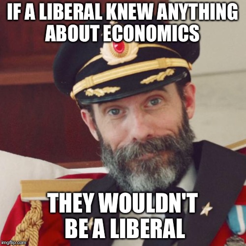 Captain Obvious | IF A LIBERAL KNEW ANYTHING ABOUT ECONOMICS; THEY WOULDN'T BE A LIBERAL | image tagged in captain obvious | made w/ Imgflip meme maker