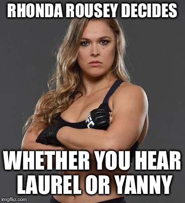 rhonda rousey | RHONDA ROUSEY DECIDES; WHETHER YOU HEAR LAUREL OR YANNY | image tagged in rhonda rousey | made w/ Imgflip meme maker